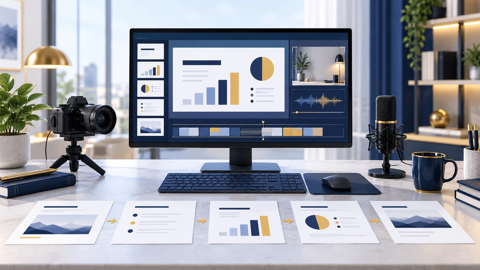 Illustrazione editoriale AI di slide ordinate su una scrivania con monitor, camera e microfono per preparare lezioni video.